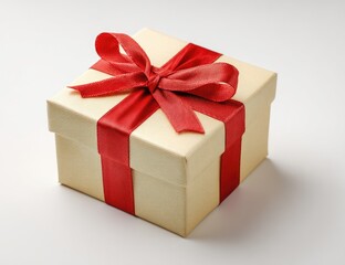 Obraz premium A light beige gift box with a red ribbon bow