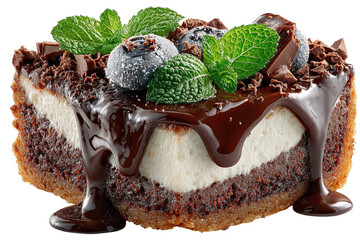 Delicious chocolate cheesecake slice with blueberries and mint looks tempting on transparent background