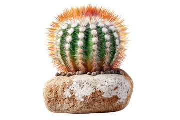 Golden barrel cactus with white spines sits atop a textured rock against a stark on transparent background
