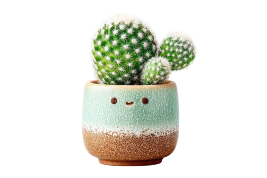 Cute cactus in a pot with a smiling face adds a touch of nature and whimsy to any home decor style on transparent background