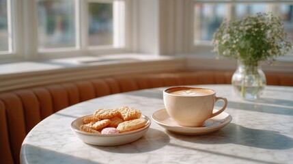 Warm cup of coffee with frothy milk sits beside a plate of assorted cookies on a marble table, illuminated by natural light from nearby windows, creating a cozy atmosphere