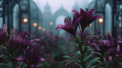 Vibrant purple lilies bloom in a misty garden, surrounded by ornate arches and soft glowing lights, creating a serene and enchanting atmosphere for nature lovers