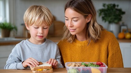 Mother and young boy preparing a healthy lunch together at home, showcasing a vibrant meal with fruits and vegetables in a bright kitchen environment