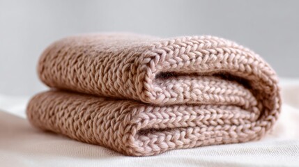 Soft pink knitted blanket folded neatly on a light fabric surface, showcasing intricate texture and warmth, perfect for cozy home decor and comfort