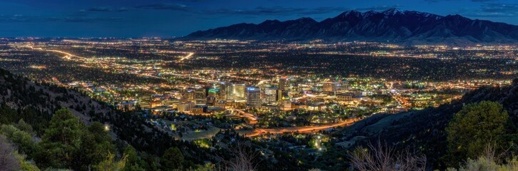 Obraz premium A panoramic nighttime view of a vibrant city nestled in a valley, illuminated by countless lights, with a backdrop of snow-capped mountains.
