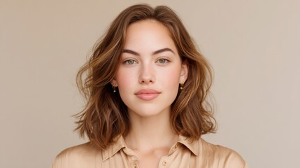 Young woman with wavy brown hair and natural makeup, wearing a beige blouse, poses against a soft neutral background, showcasing beauty and confidence in a portrait style