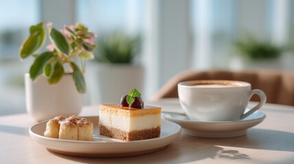Delicious cheesecake slice topped with fresh berries and mint, accompanied by a cup of coffee, set on a wooden table with a plant in the background, creating a cozy atmosphere