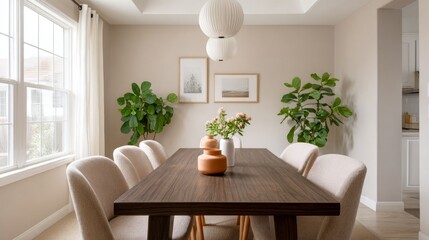 Modern dining room featuring a wooden table surrounded by plush chairs, adorned with decorative vases and plants, creating a warm and inviting atmosphere for gatherings