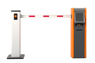 Modern automated barrier gate system with red and white reflective stripes and integrated payment terminal isolated on transparent background