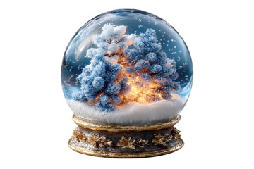 Winter wonderland snow globe with blue trees and golden light creates a magical festive atmosphere on transparent background
