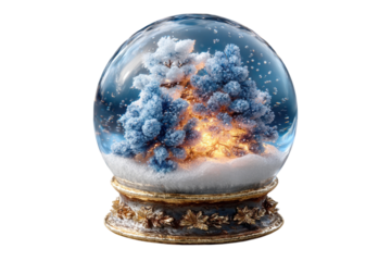 Winter wonderland snow globe with blue trees and golden light creates a magical festive atmosphere on transparent background