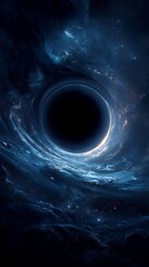 A mesmerizing depiction of a black hole surrounded by swirling cosmic dust and energy, showcasing the immense gravitational pull and the warping of spacetime