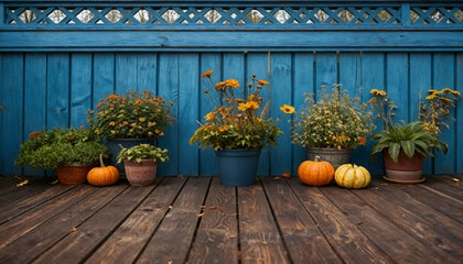 Colorful potted plants and pumpkins arranged on wooden deck against bright blue wooden fence creating cozy autumn garden decoration