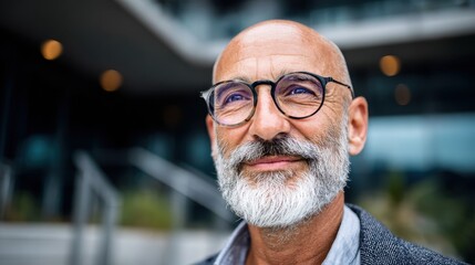 Obraz premium portrait of happy mature man wearing spectacles and looking at camera outdoor man with beard and glasses feeling confident close up face of hispanic business man smiling no logos no brands ar 169