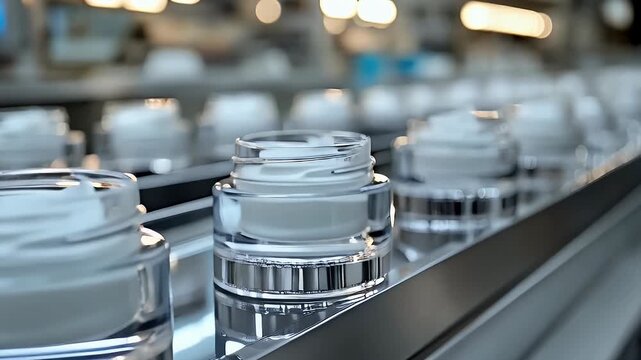 cosmetic cream jars moving on a production line