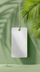 Blank white tag mockup hanging against a green wall with palm leaves casting shadows, perfect for showcasing branding or product information in a natural setting