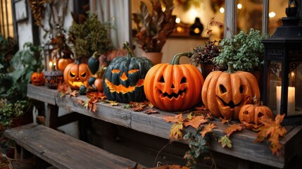 Obraz premium spooky halloween decor featuring pumpkins and carved jackolanterns