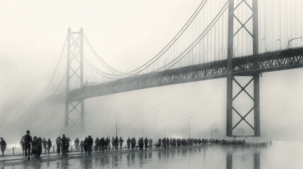 Obraz premium Pedestrians walk beside the bridge as shadows of pedestrians stretch along the pathway. Fog envelops pedestrians, making the bridge obscure but visible. Reflections of pedestrians appear on the wet