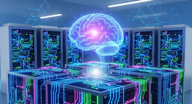 Stunning digital brain hologram illuminates futuristic server room symbolizing AI innovation and advanced technology