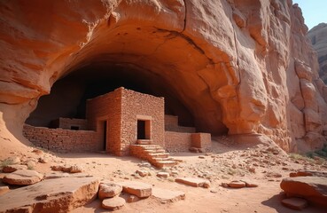 Ancient stone dwelling built into a massive red rock cave under sunny sky. Desert structure has small windows, stone steps leading to dark entrance. Dry arid landscape with rough rock formations.
