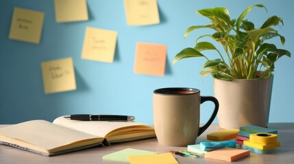 work place of student desktop with lamp opened notebook stationery and green indoor plant mug of coffee sticky notes on blue wall with written motivation phrases and special reminders home office no 