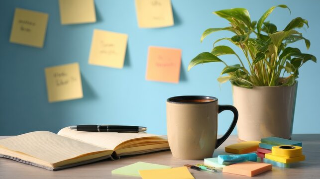 work place of student desktop with lamp opened notebook stationery and green indoor plant mug of coffee sticky notes on blue wall with written motivation phrases and special reminders home office no 