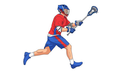 Naklejka premium Athletic Male Lacrosse Player in Action with Stick and Helmet.