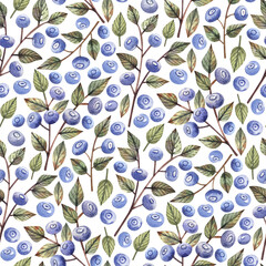 Watercolor seamless pattern with blueberry branches and berries, hand-painted cute botanical design