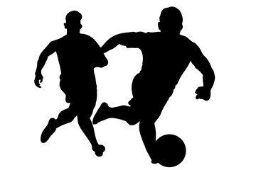 Two soccer players facing each other in a physical battle for the ball during a soccer match.