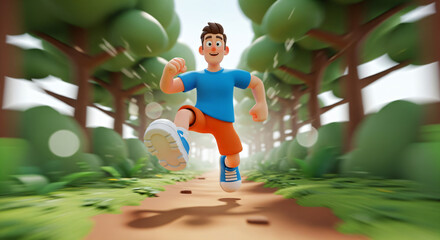 A highly detailed 3D digital illustration depicts a young, animated male character running along a dirt path through a lush, stylized forest.