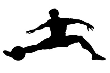 Silhouette of a soccer player sliding along the grass to intercept the ball with precision
