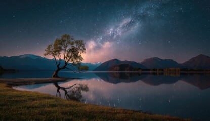 Majestic Milky Way over a serene lake with a lone tree