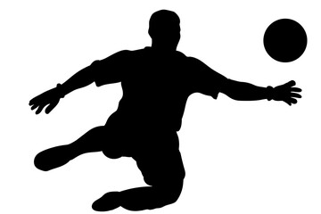 Silhouette of a player performing an acrobatic volley with the ball in the air in full action