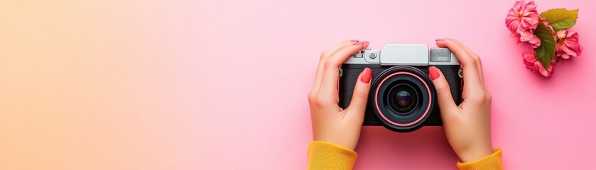 Vintage Camera Held by Woman with Flowers, Pastel Pink Background,photography, retro camera