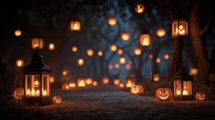 illuminated jackolanterns and lanterns create a spooky halloween night atmosphere
