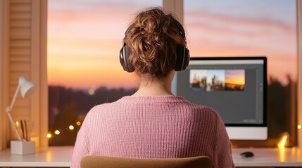 Woman at Desk Editing Photos at Sunset, Editing, Remote work