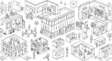 Isometric Hand-Drawn Business  Office Doodle Set: Cartoon Buildings, Interiors, Stick Figures  Urban Life Scenes.