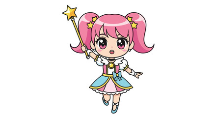 Cute Chibi Magical Girl with Pink Hair and Star Wand.