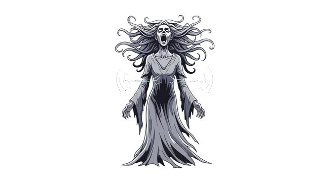 Terrifying spectral woman with wild flowing hair and open mouth.