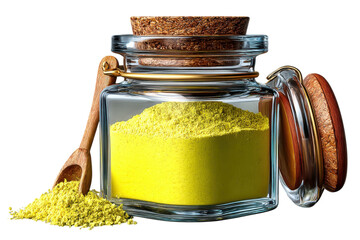 Bright yellow powder in a glass jar with wooden spoon and lid against a on transparent background
