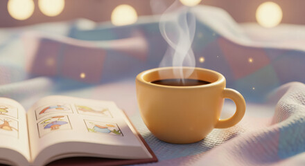 A close-up, rendered image depicts a cozy, warm scene with a steaming cup of coffee and an open book resting on a textured blanket or quilt.