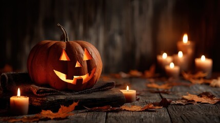 a carved jackolantern pumpkin with a glowing face sits on a rustic wooden table surrounded by autumn leaves and lit candles creating a spooky halloween atmosphere