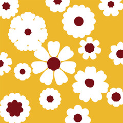 Retro style white flowers with dark red centers on yellow background.