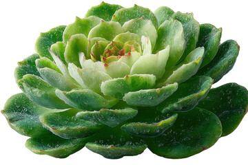 Closeup of a vibrant green succulent plant with water droplets on its leaves against a black backdrop on transparent background