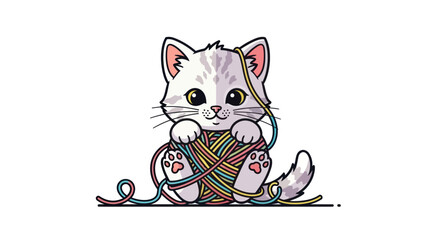 Cute Cartoon Kitten Playing with Colorful Yarn Ball.
