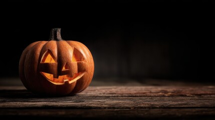 jackolantern with a friendly smile on wooden surface against dark background concept for halloween celebration spooky season decoration and autumnal themed design