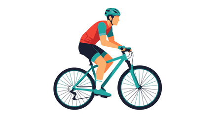 Naklejka premium Cyclist Riding a Teal Mountain Bike with Helmet and Gear.