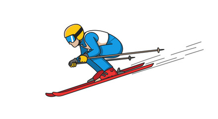 Cartoon Skier in Blue Suit Yellow Helmet and Red Skis in Action.