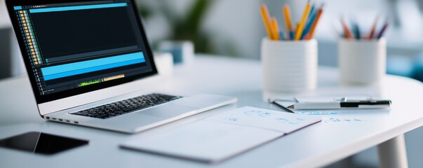Workspace with Open Laptop Editing Software and Sketchbook, Creative , Office