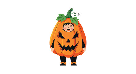 Adorable child dressed in a festive carved pumpkin Halloween costume with green stem and leaves.